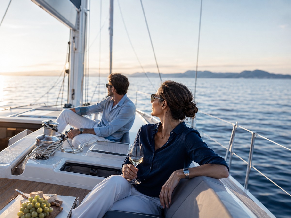 Relaxed yacht charter lifestyle at sunset